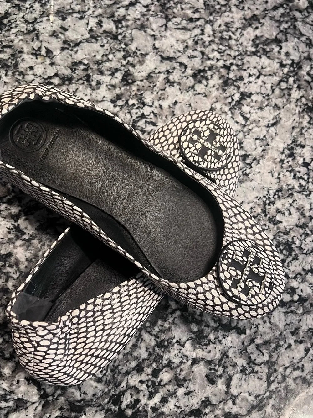 Tory Burch Black and White Pebble-Print Reva Flats